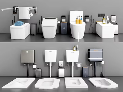 Various Types of Modern Toilet with Bathroom Accessories and Design Elements in Bathroom Setting 3d model