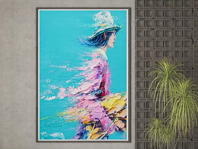 Abstract Portrait Painting Of Hat Wearing Figure With Blue Background And Colorful Brushstrokes 3d model