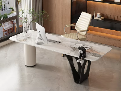 Elegant Modern Home Office Desk With Marble Top White Office Chair Computer And Potted Plant 3d model