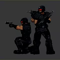 Group of armed figures in black tactical gear with red goggles holding rifles