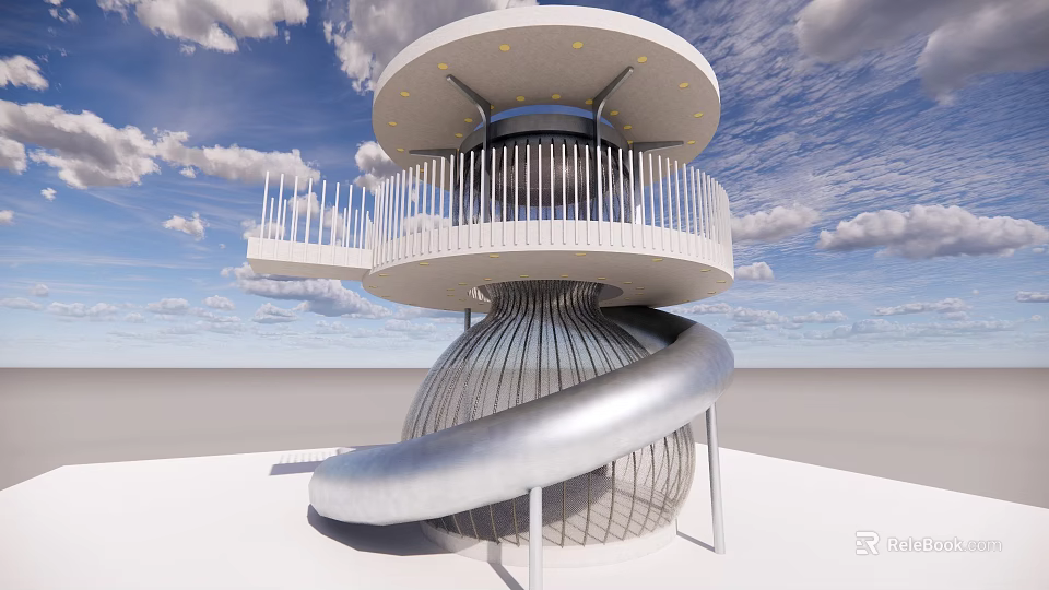 Modern Architectural Component With Circular Platform White Railings And Silver Spiral Pathway 3d model 