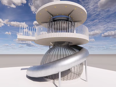 Modern Architectural Component With Circular Platform White Railings And Silver Spiral Pathway 3d model