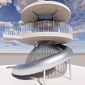 Modern Architectural Component With Circular Platform White Railings And Silver Spiral Pathway