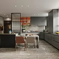 Modern Restaurant Kitchen With Open Layout Gray Cabinets Marble Floor Dining Table And Natural Light 3d model