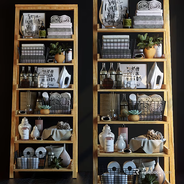 Multi Tiered Wooden Shelf Unit With Potted Plants Baskets Glass Bottles And Decorative Items 3d model 