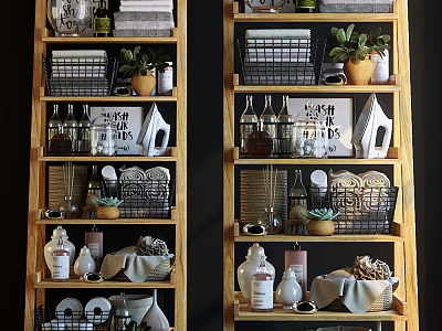 Multi Tiered Wooden Shelf Unit With Potted Plants Baskets Glass Bottles And Decorative Items 3d model