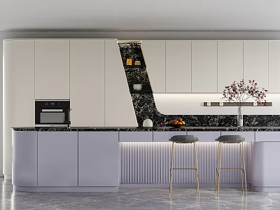 Modern Kitchen Interior Design With White Cabinets Black Countertop Island Bar Stools And Appliances 3d model