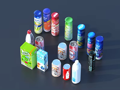 Assorted Beverages Collection With Cans Bottles And Cartons In Various Colors 3d model