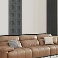 Modern Brown Leather Sofa and Coffee Table Set With Throw Pillows and Wall Design 3d model