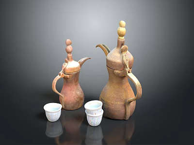 Decorative Ceramic Vessels Large Copper Pitchers and Small White Patterned Cups with Glossy Surface 3d model