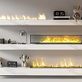 Modern Fireplace with Flames on White Marble Shelves and Decorations Books Clock