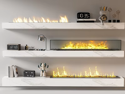 Modern Fireplace with Flames on White Marble Shelves and Decorations Books Clock 3d model