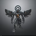 Futuristic Mechanical Robot With Winged Metallic Armor Circular Headpiece And Glowing Core