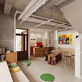 Industrial Interior Space With Wood Wall Plants Curved Table And Shelves