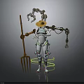 Robot With Yellow Hat And Mechanical Creature Equipped With Mechanical Arms Holding Pitchfork