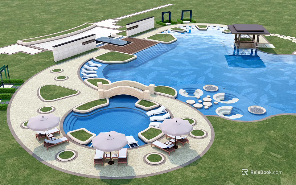 Luxury Outdoor Pool Area With Gazebo Loungers Umbrellas Steps And Green Lawn 3d model 