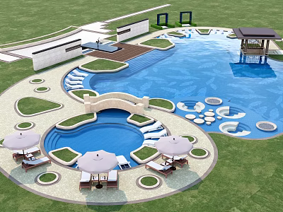 Luxury Outdoor Pool Area With Gazebo Loungers Umbrellas Steps And Green Lawn 3d model