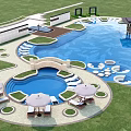 Luxury Outdoor Pool Area With Gazebo Loungers Umbrellas Steps And Green Lawn