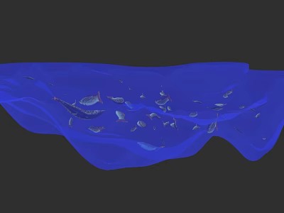 Detailed Blue Microtopography Illustration With Small Fish On Wavy Surface 3d model