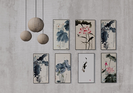 New Chinese Lotus Hanging Painting Traditional Chinese Painting Decorative Painting Fabric Chandelier 3d model