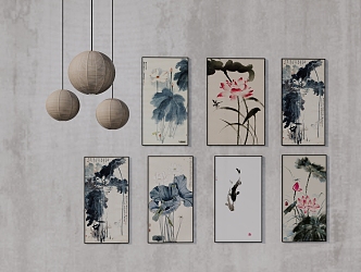 New Chinese Lotus Hanging Painting Traditional Chinese Painting Decorative Painting Fabric Chandelier 3d model