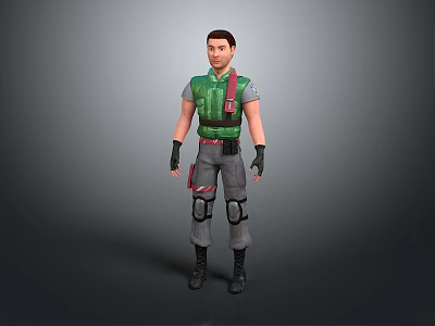 Man Wearing Green Vest Gray Pants Knee Pads Black Gloves And Boots On Gray Background 3d model