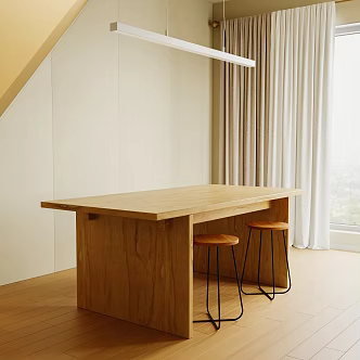 Cream Style Solid Wood Table Solid Wood Dining Table and Chair Long Chandelier Bar Stool Single Stool Curtain 3d model