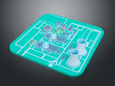 Green Industrial Facility Layout Model With White Cooling Towers And Buildings 3d model