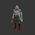 Man wearing medieval armor holding mace and yellow shield with black emblem