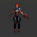 Futuristic Game And Movie Character With Red Hair Blue Red Armor Clawed Hands Standing Pose