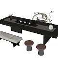Modern Wooden Tea Table Set With Tea Set Vase Plants Bench And Stools 3d model