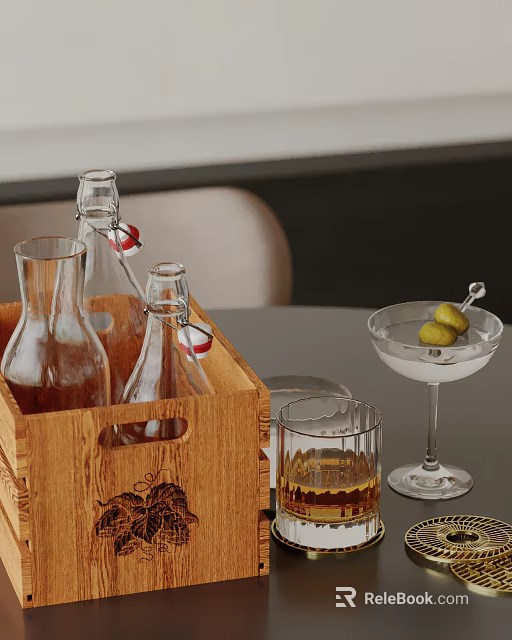 Kitchen Countertop With Wooden Crate Glass Bottles Martini Glass And Olives 3d model 
