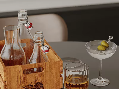 Kitchen Countertop With Wooden Crate Glass Bottles Martini Glass And Olives 3d model