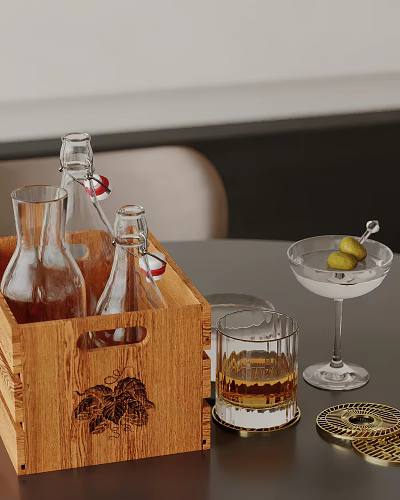 Kitchen Countertop With Wooden Crate Glass Bottles Martini Glass And Olives 3d model
