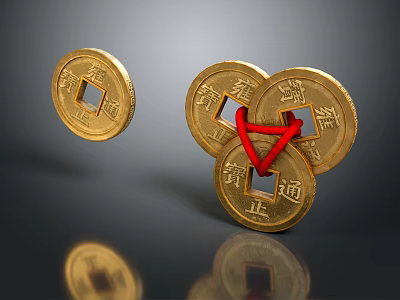 Exquisite Gold Coin Jewelry Crafted With Red String For Elegant Traditional Look 3d model