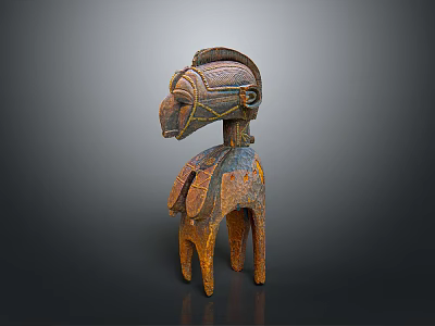 Handcrafted Wooden Anthropomorphic Sculpture With Decorated Head And Limbs In Brown Orange Tones 3d model