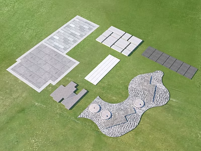 Garden Ornamental Paving With Various Shaped Stone Slabs On Green Lawn 3d model
