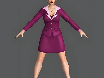 Woman in Purple Suit Dress with White Collar and Red Nails on Gray Background 3d model