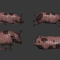 Four Pink Pigs With Black Spots In Different Poses On Black Background