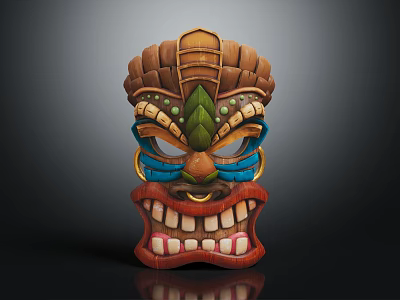 Tiki Mask Inspired Hat With Feather Accents And Colorful Carved Details 3d model