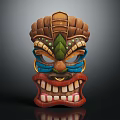 Tiki Mask Inspired Hat With Feather Accents And Colorful Carved Details