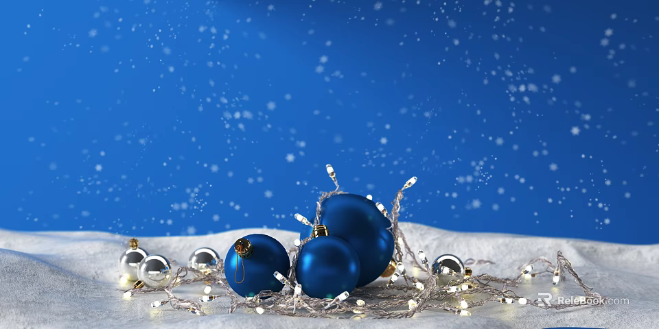 Festive Christmas Decorations With Blue Ornaments Silver Balls And String Lights On Snowy Background 3d model 