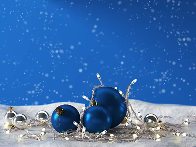 Festive Christmas Decorations With Blue Ornaments Silver Balls And String Lights On Snowy Background 3d model