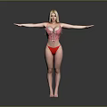 Blonde Woman In Red Striped Bodysuit And Red Bikini With Arms Outstretched Against Gray Background