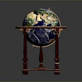 Decorative Globe With Blue Green Earth Surface On Ornate Red Wooden Stand