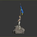 Game Movie Character Standing On Rock Holding Ukrainian Flag In Military Uniform With Rifle