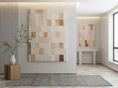 Modern Interior With Collage Paintings Beige Brown Tones Wooden Vase Green Plant Gray Rug 3d model