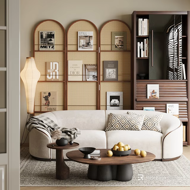 Warm Natural Study Room Interior With Rattan Bookshelves Beige Sofa And Floor Lamp 3d model 