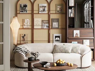 Warm Natural Study Room Interior With Rattan Bookshelves Beige Sofa And Floor Lamp 3d model