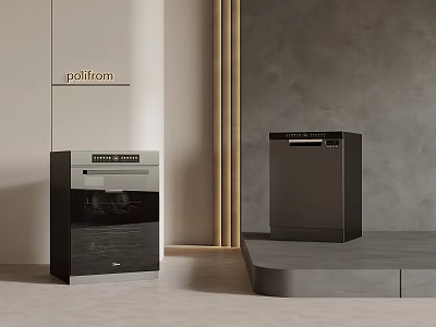 Modern Black Kitchen Appliances With Oven And Dishwasher Featuring Golden Accents In Minimalist Kitchen 3d model